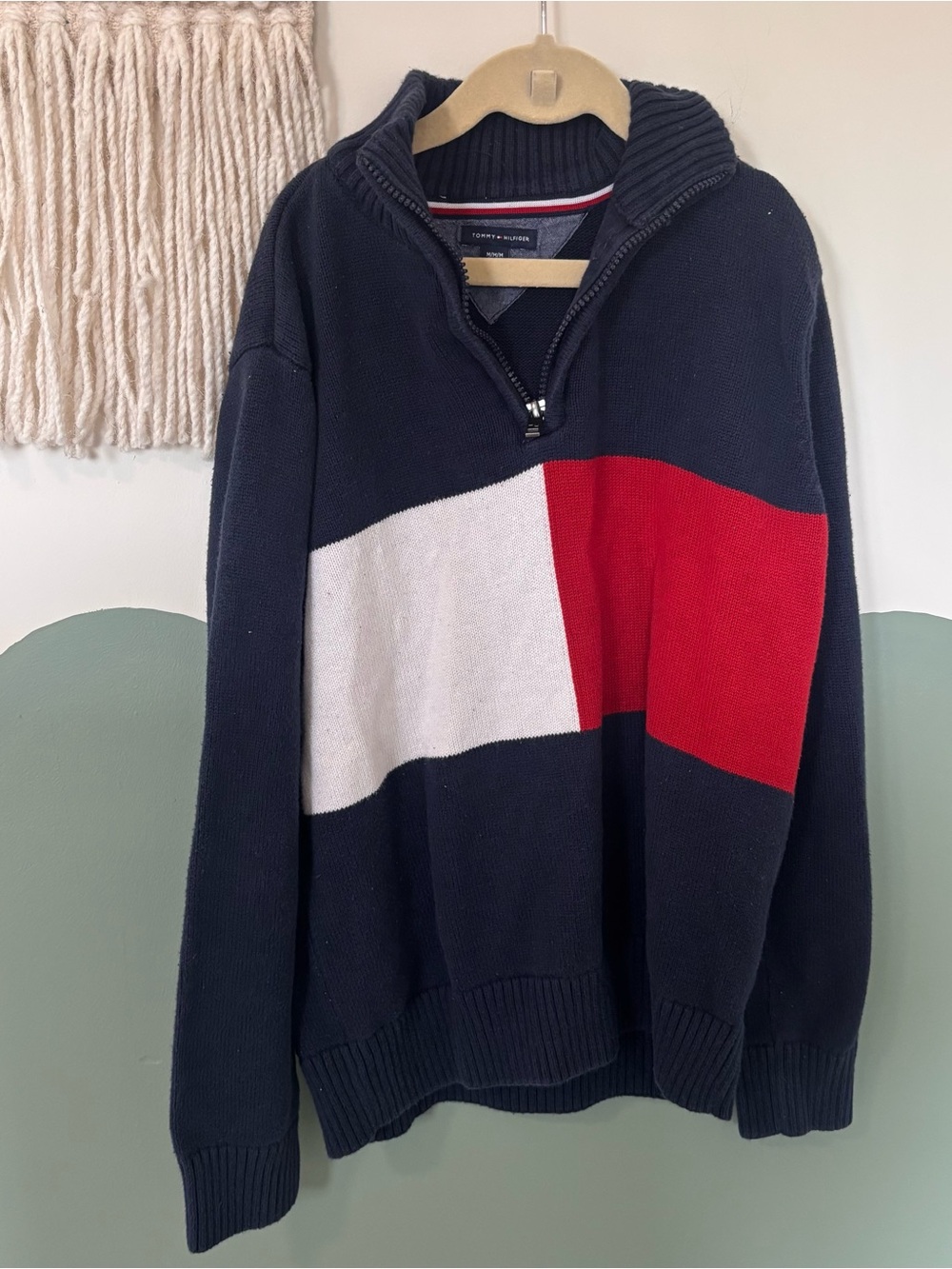 Tommy Hilfiger Men’s Navy Zip-Up Colorblock Sweater with Red and White Panels